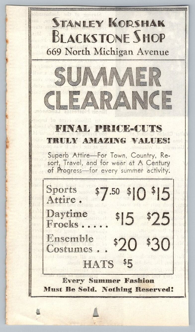 1933 Stanley Korshak Blackstone Shop Print Ad Chicago Century of Progress Price